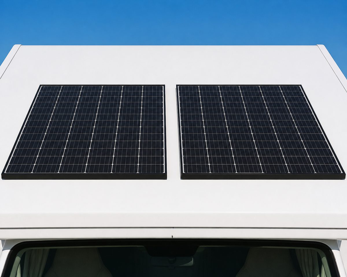 Campervan with solar panels mounted on the roof
